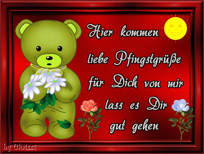 Ein grüner Teddybär hält Blumen, umgeben von bunten Schriftzügen und einem Sonnenbild.