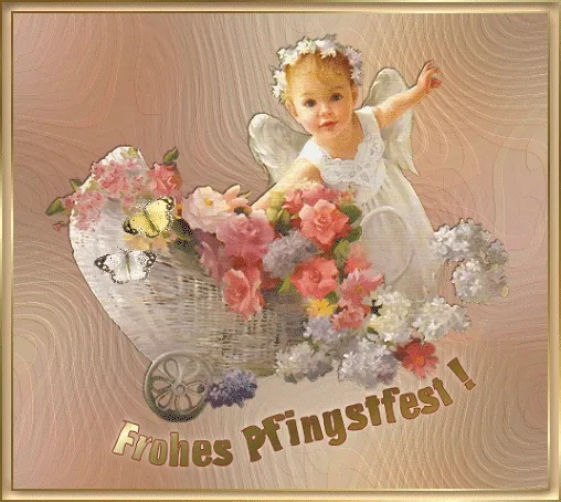 Ein Kind mit Flügeln sitzt in einem Wagen voller Blumen und wünscht Frohes Pfingstfest.