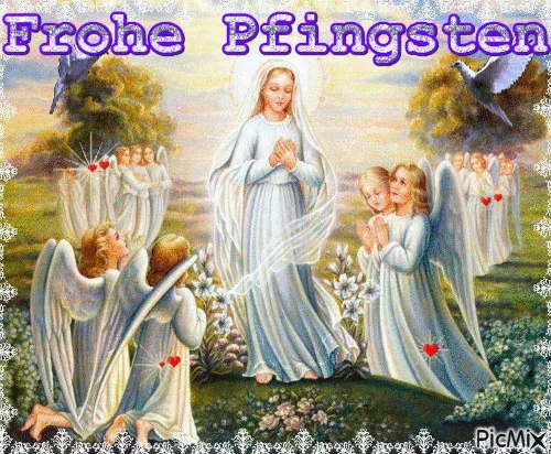 Ein Engel umgeben von anderen Engeln, Blumen und dem Text "Frohe Pfingsten".