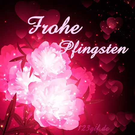 Text mit "Frohe Pfingsten" über pinken Blumen und Herzmustern.