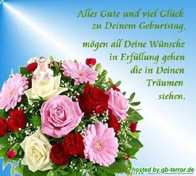 Glück und Erfüllung zum Geburtstag Blumenstrauß mit Rosen, Margeriten und Geburtstagswünschen auf blauem Hintergrund.