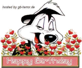 Feierlich und farbenfroh – ein schönes Geburtstagsmotiv. Ein Cartoon-Hund mit Blumen und „Happy Birthday“ Schriftzug.
