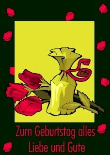 Ein liebevoll gestaltetes Geburtstagsbild, ideal zum Teilen mit Freunden. Eine Geburtstagskarte mit Rosen und einem Geschenk in einer gelben Tüte.