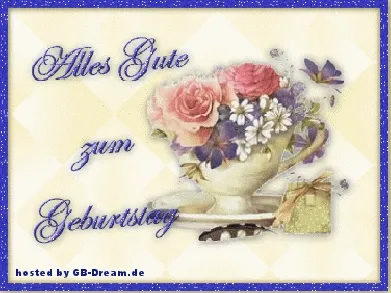 Perfekt für WhatsApp – ein Bild mit herzlichen Grüßen. Ein Geburtstagsgruß mit einer Teetasse und bunten Blumen.