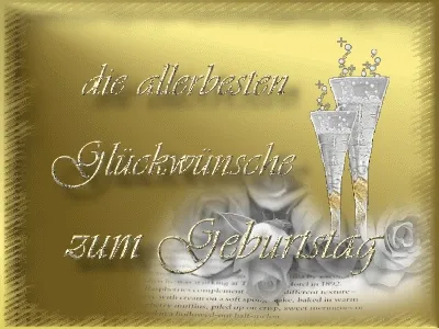Perfekt für WhatsApp – ein Bild mit herzlichen Grüßen. Goldener Hintergrund mit Sektgläsern und dem Text "Glückwünsche zum Geburtstag".