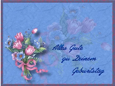 Ein liebevoll gestaltetes Geburtstagsbild, ideal zum Teilen mit Freunden. Blaues Hintergrundbild mit einem Blumengesteck und der Aufschrift Geburtstag.