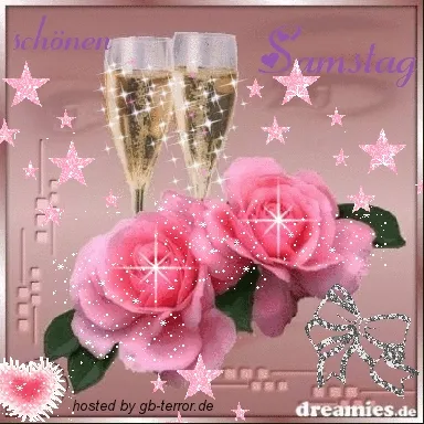 Ein stilvolles Bild mit persönlicher Note für besondere Menschen. Zwei Sektgläser stehen neben rosa Rosen auf einem dekorativen Hintergrund.