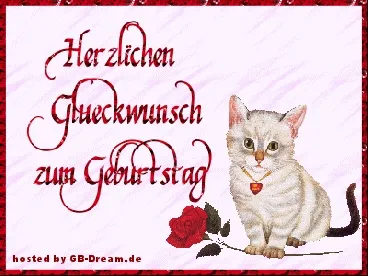 Ein stilvolles Bild mit persönlicher Note für besondere Menschen. Geburtstagskarte mit einer Katze und einer roten Rose, Text gratuliert zum Geburtstag.