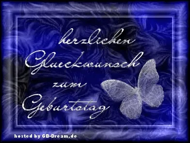 Ein liebevoll gestaltetes Geburtstagsbild, ideal zum Teilen mit Freunden. Hintergrund in Blau mit weißen Schriftzug „Herzlichen Glückwunsch zum Geburtstag“ und Schmetterling.