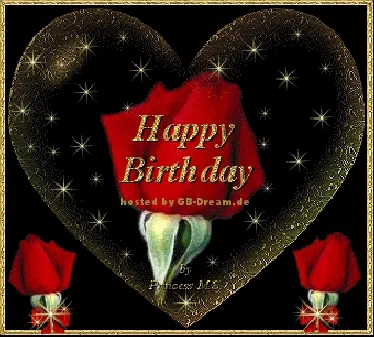 Ein liebevoll gestaltetes Geburtstagsbild, ideal zum Teilen mit Freunden. Geburtstagsgrüße mit roten Rosen und Sternen auf schwarzem Hintergrund.