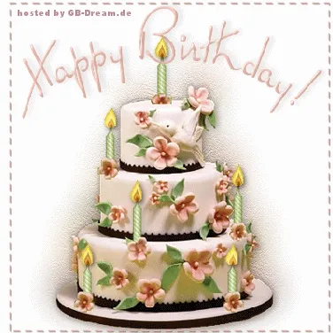 Ein liebevoll gestaltetes Geburtstagsbild, ideal zum Teilen mit Freunden. Drei-stöckiger Geburtstagstorte mit Blumen und Kerzen darauf.