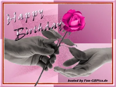 Ein liebevoll gestaltetes Geburtstagsbild, ideal zum Teilen mit Freunden. Zwei Hände reichen sich eine rosa Rose mit dem Text „Happy Birthday“.