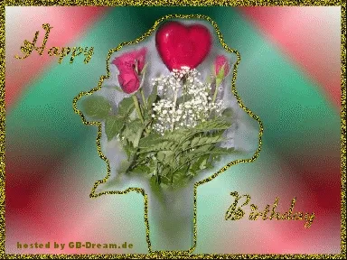 Feierlich und farbenfroh – ein schönes Geburtstagsmotiv. Geburtstagskarte mit einer Herzblume und Rosen auf buntem Hintergrund.