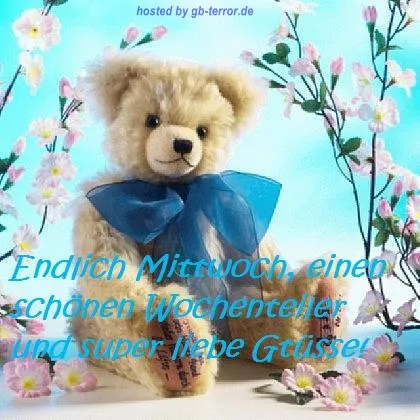 Diese Geburtstagsgrafik bringt garantiert ein Lächeln aufs Gesicht. Ein Teddy mit blauer Schleife sitzt vor blühenden Zweigen. Schriftzug im Hintergrund.