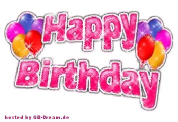 Diese Geburtstagsgrafik bringt garantiert ein Lächeln aufs Gesicht. Bunte Luftballons um den Text „Happy Birthday“ in Glitzeroptik.