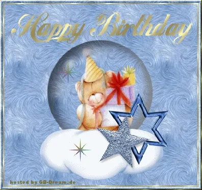 Perfekt für WhatsApp – ein Bild mit herzlichen Grüßen. Geburtstagskarte mit einem Teddy, Geschenken und einer blauen Sternen-Dekoration.