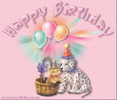 Perfekt für WhatsApp – ein Bild mit herzlichen Grüßen. Ein Dalmatiner und ein Kätzchen mit Geburtstagsmütze in einem Korb, umgeben von Luftballons.