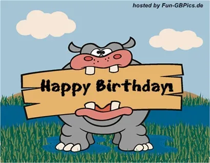 Feierlich und farbenfroh – ein schönes Geburtstagsmotiv. Ein nilpferd hält ein Schild mit der Aufschrift "Happy Birthday" vor einer Landschaft.