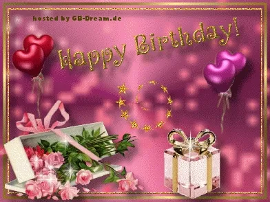 Perfekt für WhatsApp – ein Bild mit herzlichen Grüßen. Eine Geschenkschachtel mit Rosen, Luftballons und dem Text "Happy Birthday!" in Gold.