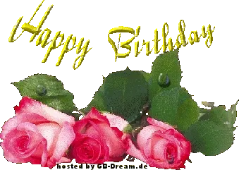Diese Geburtstagsgrafik bringt garantiert ein Lächeln aufs Gesicht. Drei rosa Rosen mit grünen Blättern und der Aufschrift "Happy Birthday".