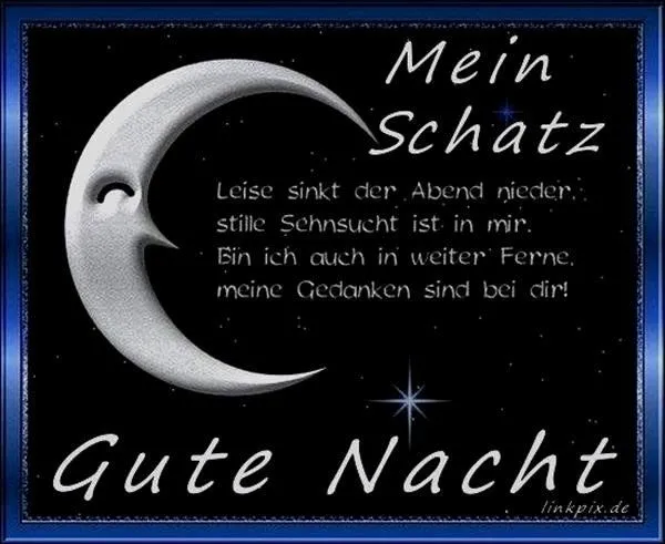 gute nacht bilder fur verliebte - Ein lächelnder Mond mit dem Text „Mein Schatz, Gute Nacht“ auf dunklem Hintergrund.