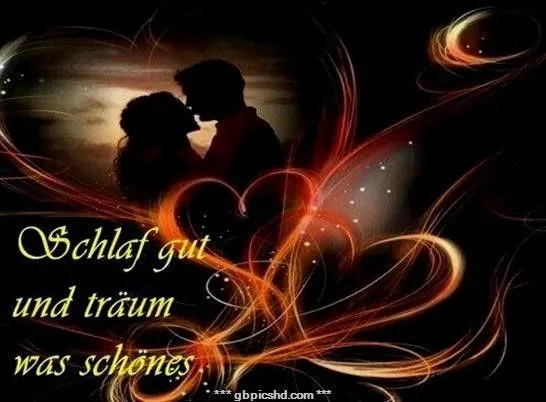 Paar umarmt sich vor einer romantischen, glühenden Herzsilhouette. Text darunter: Schlaf gut.