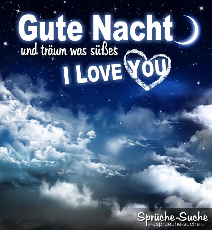Nachtlandschaft mit Wolken, Sternen und dem Text „Gute Nacht und träum was Süßes“.