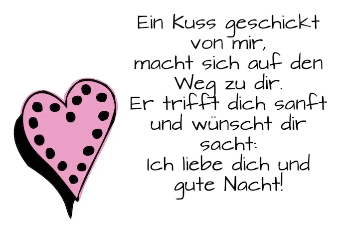 Herz mit Punkten und liebevolle Nachricht über einen Kuss und gute Nacht.