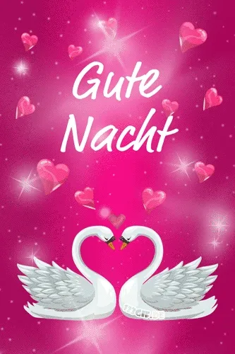 Zwei Schwäne bilden ein Herz, mit rosa Herzen und "Gute Nacht" im Hintergrund.