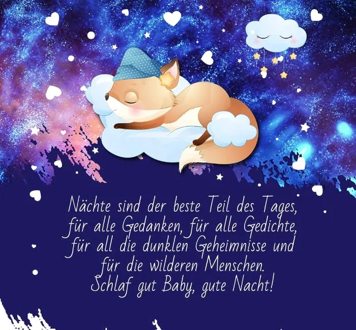 Ein schlafender Fuchs auf einer Wolke vor einem bunten Sternenhimmel.