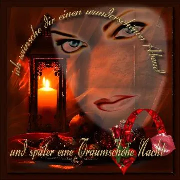 Ein Kerzenlicht mit einer Frauenansicht und herzförmigem Dekor. Text wünscht guten Abend.