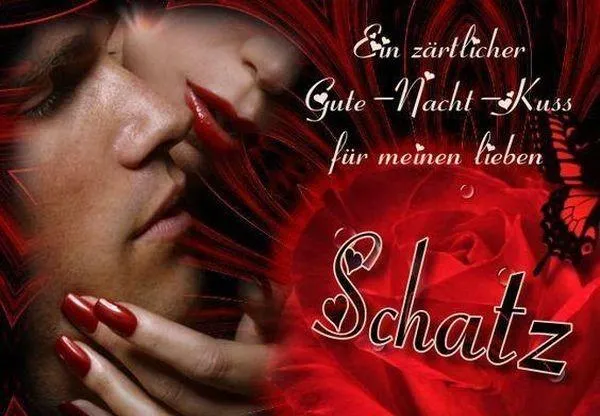 Paar küsst sich romantisch vor einem roten Rosenhintergrund mit dem Wort "Schatz".