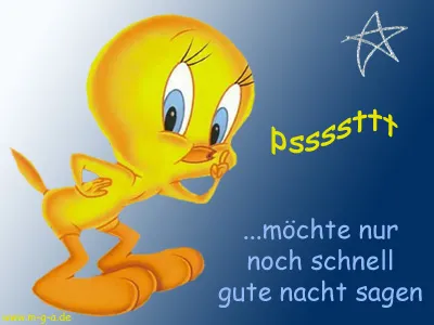Ein gelbes Cartoon-Vogelwesen flüstert und wünscht Gute Nacht.