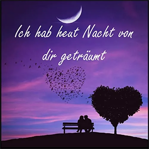 Liebespaar auf einer Bank unter einem Nachthimmel mit Herz und Mond.