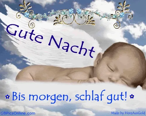 Ein schlafendes Baby mit Engelsflügeln und einem Gute-Nacht-Spruch.