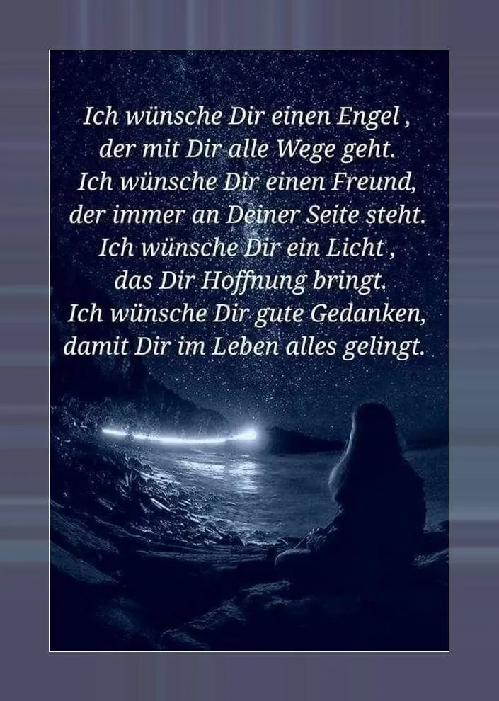 Text auf einem Bild: Wünsche für Glück, Freundschaft und Hoffnung. Person sitzt am Wasser.