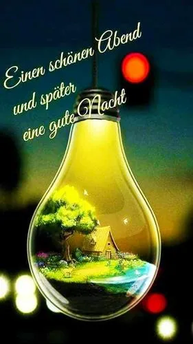 Eine Glühbirne zeigt eine idyllische Landschaft mit einem Haus und einem Baum.