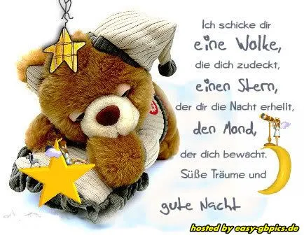 Ein kuscheliger Bär schläft mit Sternen und Mond. Texte wünschen gute Nacht.