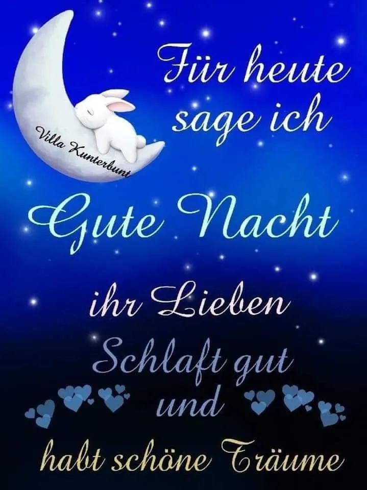 Der Text auf dem Bild wünscht "Gute Nacht" und zeigt einen schlafenden Hasen auf dem Mond.