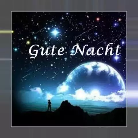 Nachtlandschaft mit Sternen und Planet, Text „Gute Nacht“ in der Mitte.