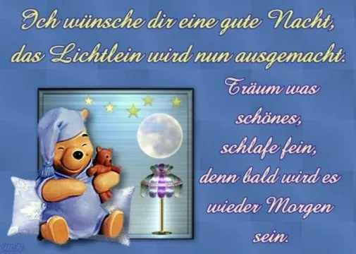 Ein Bär im Schlafanzug wünscht gute Nacht, Mond und Laterne im Hintergrund.