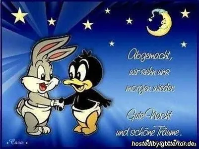 Cartoonfiguren Bugs Bunny und Duffy Duck stehen sich die Hände. Sterne und Mond im Hintergrund.