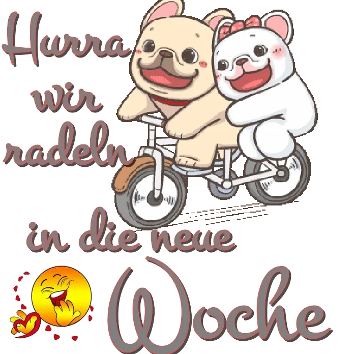 Ein beige Hund und ein weißer Bär fahren auf einem Fahrrad. Text: "Hurra wir radeln in die neue Woche".