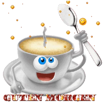 Eine Tasse mit Gesicht, die einen Löffel hält, und der Text „Guten Morgen“.