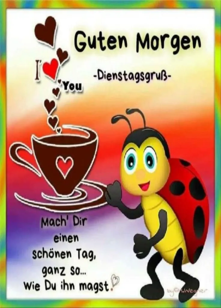 Eine Biene vor einer Tasse Kaffee mit der Aufschrift "Guten Morgen" und herzlichen Grüßen.