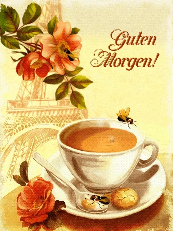 Tasse Kaffee mit Gebäck und Blumen, im Hintergrund der Eiffelturm. Text: 'Guten Morgen!'