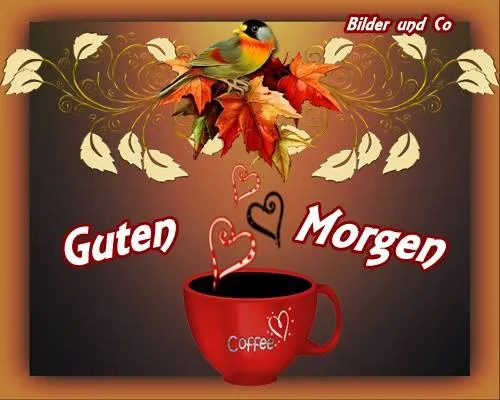 Ein roter Kaffeebecher mit "Guten Morgen" und einem Vogel über bunten Blättern.