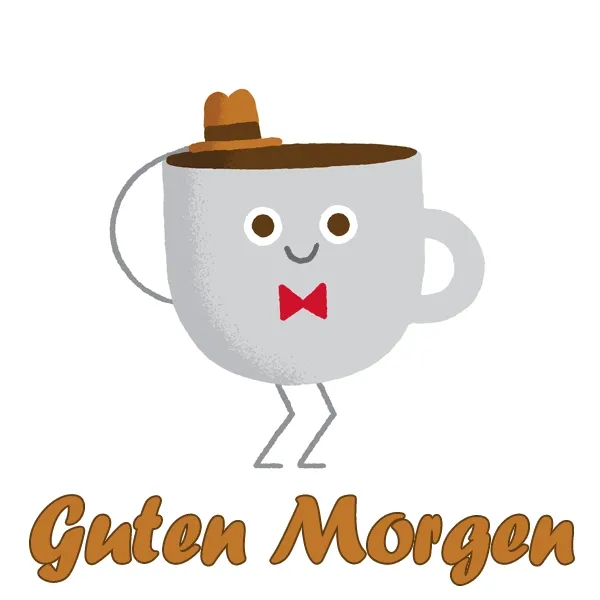 Ein lächelnder Kaffeebecher mit Hut und Fliege sagt Guten Morgen.
