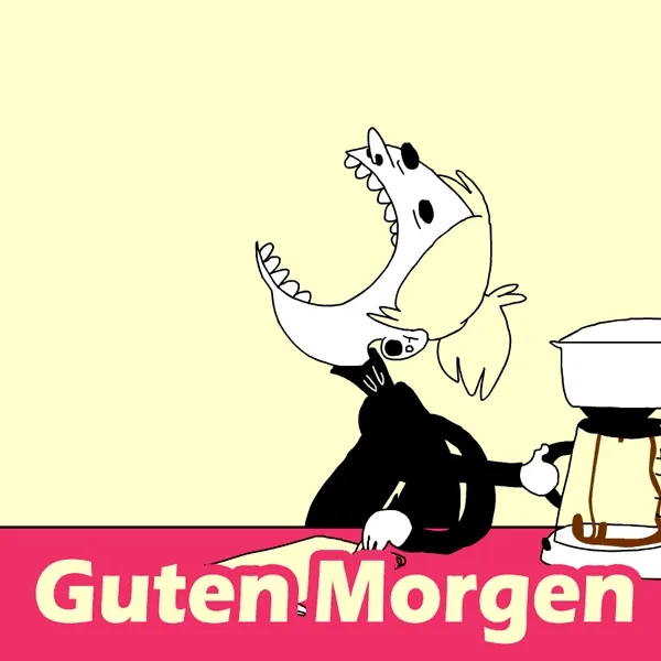 Ein cartoonartiger Charakter begrüßt mit "Guten Morgen" vor einer Kaffeemaschine.