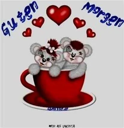 Zwei künstlerische Bären in einer Tasse mit Herz und "Guten Morgen"-Schriftzug.